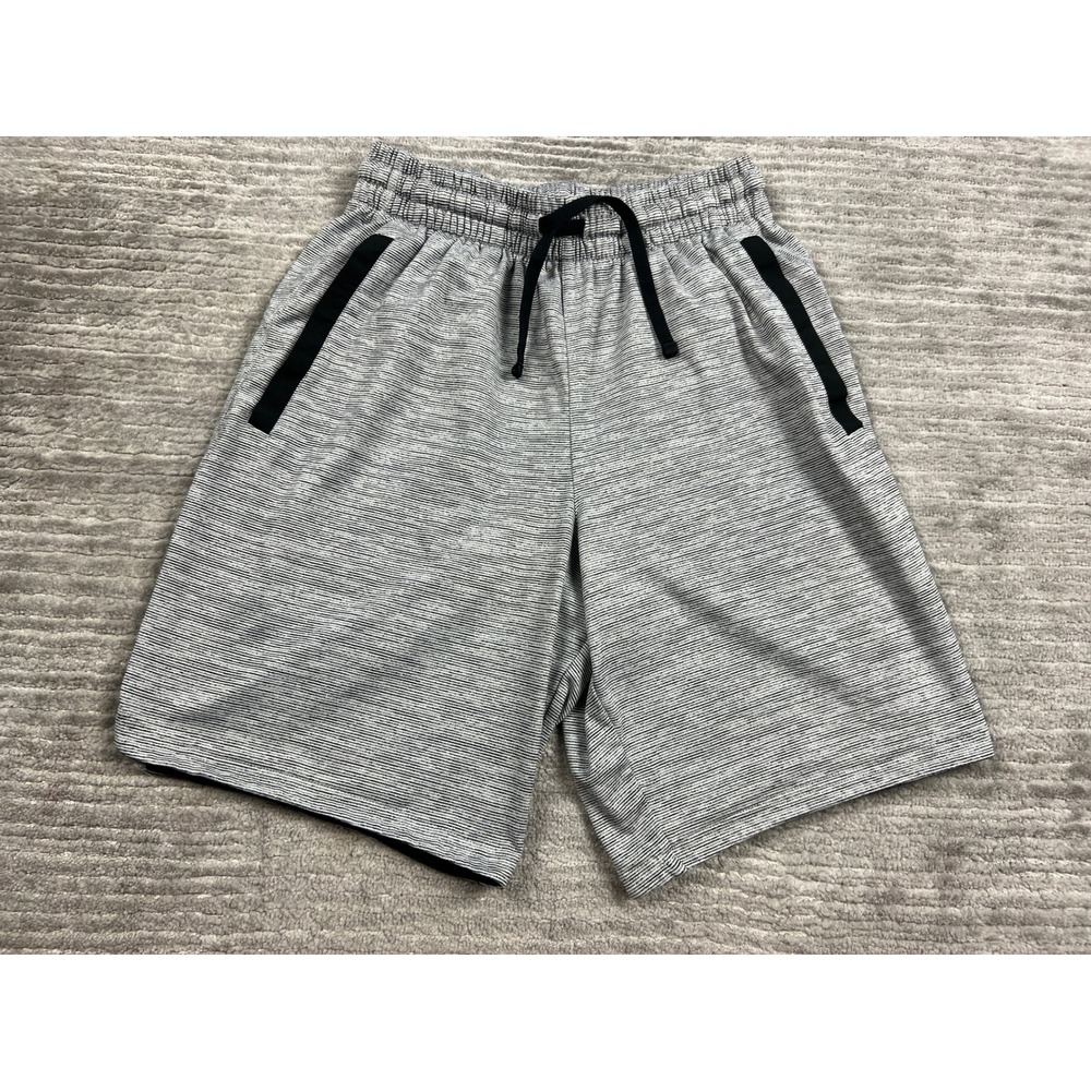 DSG Shorts Mens S Grey Striped Activewear Athletic Drawstring Zipper Pockets